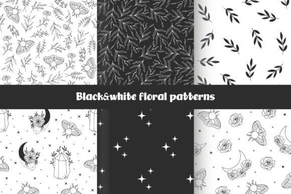 Black White Moth Floral Patterns Set