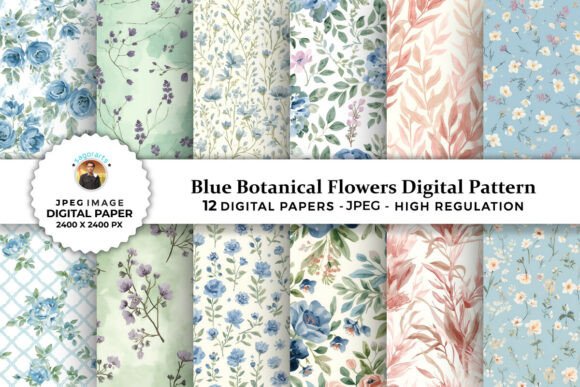 Blue Botanical Flowers Digital Patterns for Creative Expression