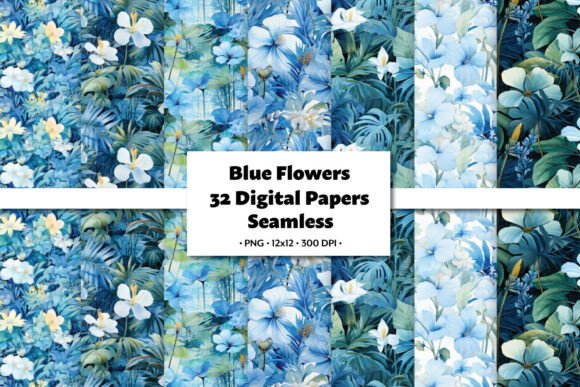Blue Flowers 32 Seamless Patterns