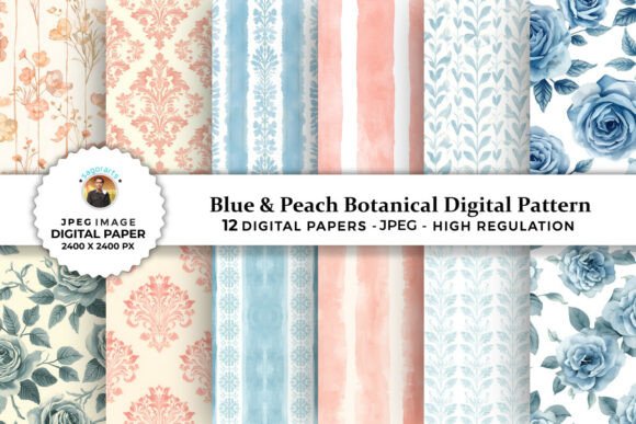 Blue Peach Botanical Digital Patterns: A Designer’s Versatile Creative Tool