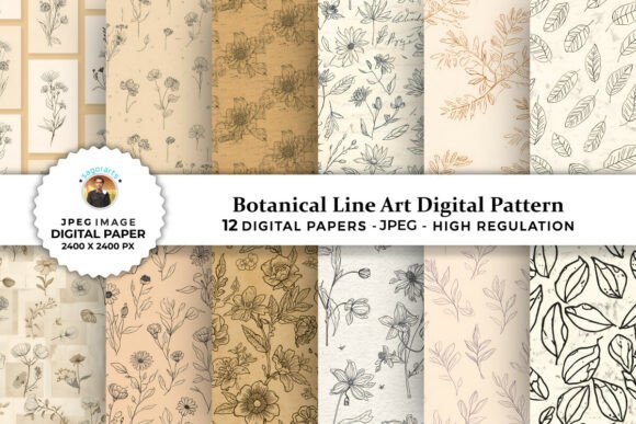 Botanical Line Art Digital Patterns for Creative Projects