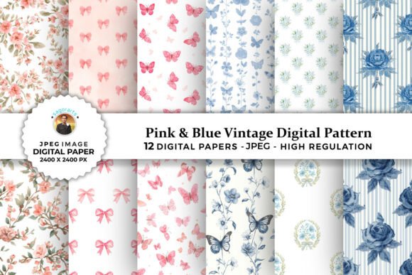 Pink Blue Vintage Digital Patterns